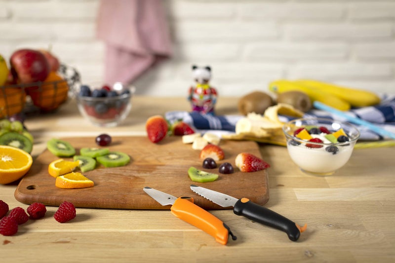 Kuhn Rikon KinderkitchenÂ® Kids Chef Knife Set 6", 2 Pieces, Black/Orange | Straight Edge & Serrated Knife | Cutting Tool Made for Real Cooking | Child Friendly Dog Design With Hand Guard For Safety - Image 2